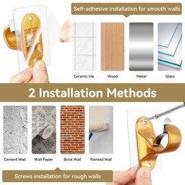 ANDGOO 10 Pack No Drill Curtain Rod Holders, Self Adhesive Curtain Rod Brackets, No Drilling, No Nail Heavy Duty Stick on Rod Hooks Bedroom, Bathroom, Livingroom, Kitchen (Gold)