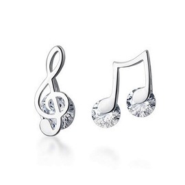 Crystal Music Note Small Sterling Silver Stud Earrings for Women Girls CZ Tiny Cute Asymmetrical Treble Clef Studs Cartilage Dainty Jewelry Birthday Christmas Valentine Gifts