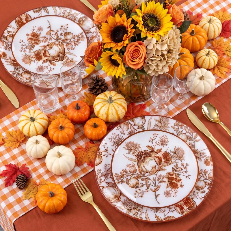 125PCS Thanksgiving Plastic Plates Pomegranate Design for Fall Party