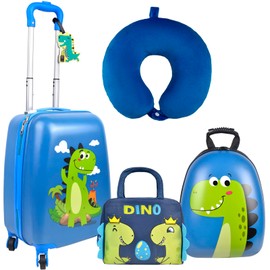 Dinosaur Kids Luggage Suitcase Set - 5 Piece Upright Kids Carry on Luggage with Wheels Set Dinosaur Hard Shell Backpack Neck Pillow Lunch Bag Luggage Tag Hardside Spinner Rolling Suitcase for Travel