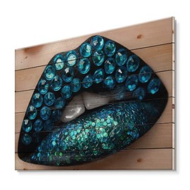DesignQ Female Lips With Black Lipstick Blue Diamonds Modern & Contemporary Wood Wall Decor, Blue Wood Wall Art, Large People Wood Wall Panels Printed On Natural Pine Wood Art