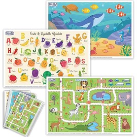40 Pack Waterproof Disposable Placemats for Baby, Place mats for Kids, Toddler - Kids Placemats for Dining Table Tyke, Restaurants, and Travel (Aquarium, Alphabet and Zoo Theme)