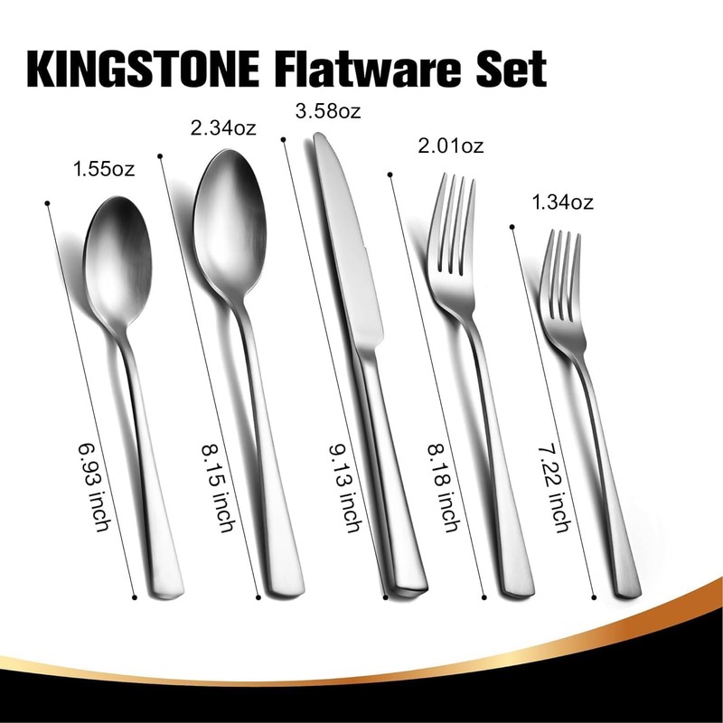 KINGSTONE 18/10 Stainless Steel Flatware, 5-Piece Forged Silverware Set for