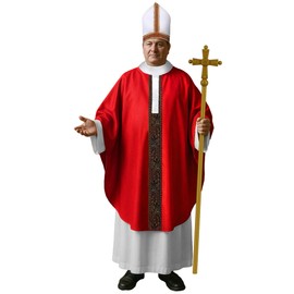 Halloween Plus Size Pope Costume Set for Men, Red and White Bishop Robe with Hat and Cross Staff, Biblical Catholic Cardinal Bishop Outfit for Halloween, Church Theme Cosplay
