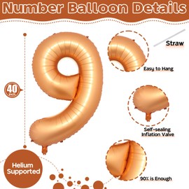 40 Inch Number 9 Balloons for Boys, Orange Large 9th Birthday Number Balloons Decor, Helium Self Inflating Foil 9 Balloons for Girls Birthday Anniversary Celebration Wedding Party Decorations Supplies