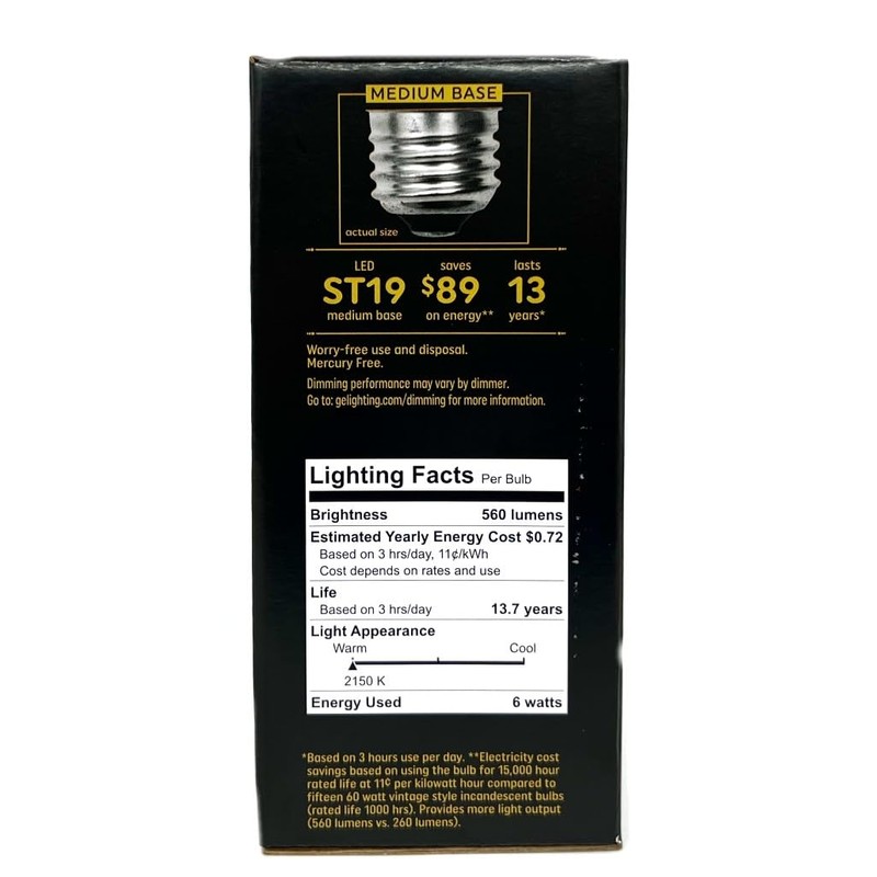 GE (4 Bulbs) Vintage LED ST19, Amber Glass, 6 watts,