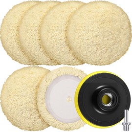 Tallew 6 Pcs 3 Inch Wool Buffing Polishing Pads Hook Loop Cutting Pads with Backing Plate for Car, Boat, Wood, Marble Surface Polishing & Scratch Removal (Original Color)