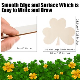 12 Pcs 11 Inch Unfinished Wooden Shamrock Cutouts, St. Patrick's Day Wood Shamrock Ornaments Blank Wood Shamrocks Clover Shape Cut-Outs Wooden Shamrock Discs Slice for DIY Crafts Centerpieces Supplies