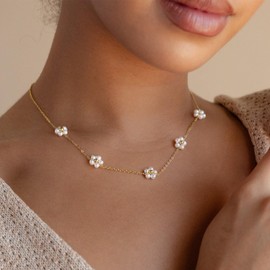 Txdvbls Pearl Necklaces for Women- 14k Gold Plated Dainty Pearl Necklace Pearl Flower Necklace Daisy Pearl Necklace for Women