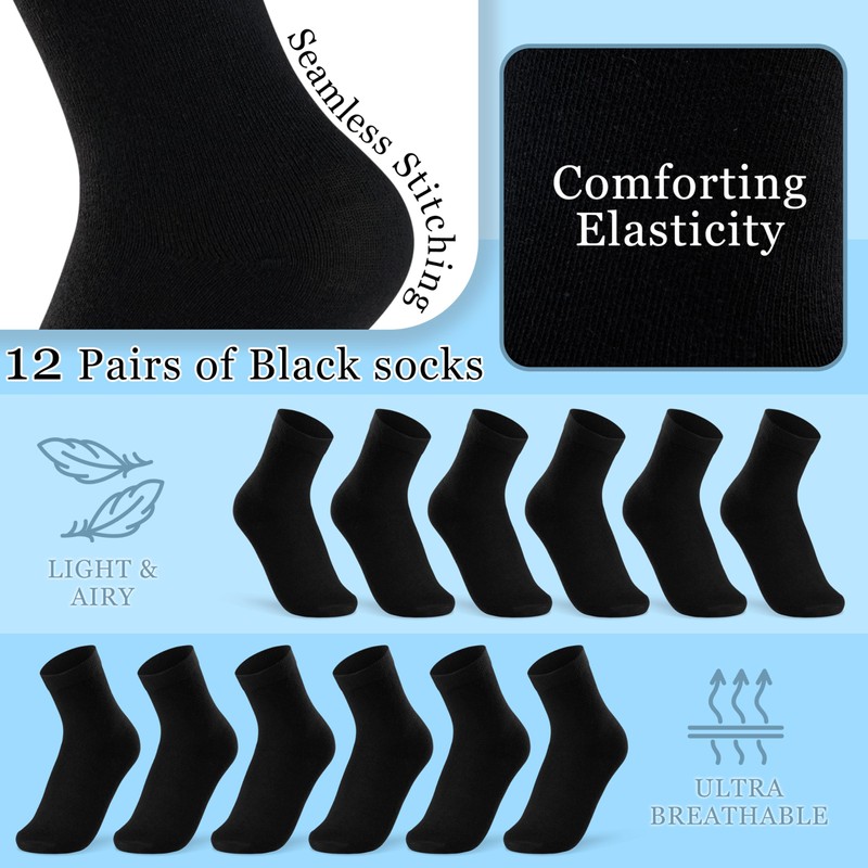 CityComfort Children's Breathable Socks Pack of 12, black