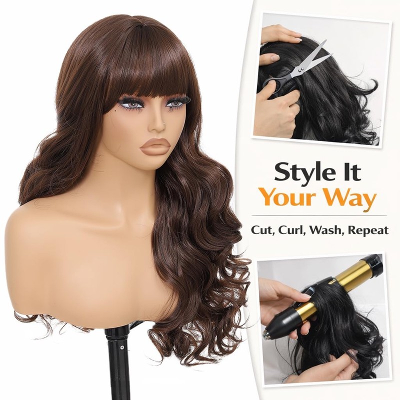 Brown Wavy Wig with Bangs for Women, 26 Inch Long