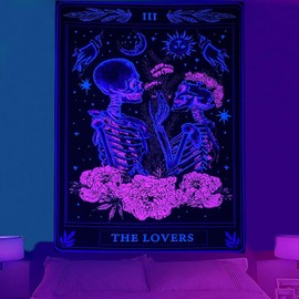 Naykow Blacklight Skull Tapestry Purple Blue Flower Gothic Grunge Dark Witchy Skull Tapestry Wall Hanging UV Reactive Skeleton Tapestry for Bedroom Aesthetic Alt Room (30x40 inches vertical)