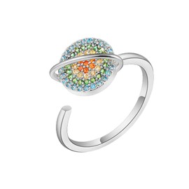 COLORFUL BLING Adjustable Fidget Spinner Flower Rings Anxiety Rotating Sunflower Planet Spinning Anxiety Ring for Women Girlfriend- Planet Silver