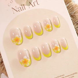 Yellow French Press on Nails with Flower Designs Short Oval Fake Nails Nude Glossy Acrylic Press in Nails Full Cover Stick on Nails for Women Nails Manicure 24 Pcs