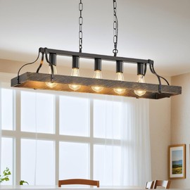 34" Farmhouse Dining Room Light Fixture,5-Light Pendant Lights Kitchen Island with Industrial Metal Cage,Black Farmhouse Chandelier for Dining Room (All Black, 33.7" L*9.8" W(Extra Long Rod))