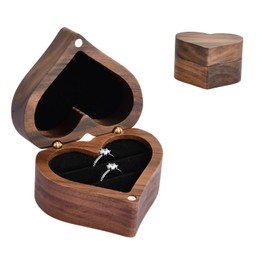 Amexo Heart-shaped ring box, wooden ring box, walnut wood ring box with 2 slots and black velvet, wooden ring bearer, earring jewellery box for proposal, wedding, engagement