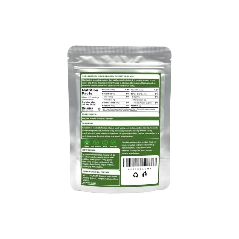 TEATREE Matcha (3.53 Oz), Polvo De Té Verde Matcha Orgánico,