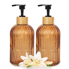 Ulable Amber Glass Soap Dispenser with Pump, 2 Pack 13.5oz Vertical Stripe Design Hand Soap Dispenser for Hand Wash, Dish Wash, Elegant Bathroom Soap Dispenser for Bathroom and Kitchen