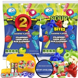 (PACK OF 2) Sour Bites Straws Assorted New Flavors - 4.9oz Each Bag - Blue Raspberry, Strawberry, Green Apple - Comes With One Bus Resealable ZipBag (Assorted)