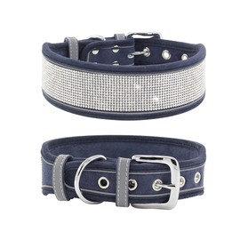 haoyueer Rhinestone Dog Collar, Dazzling Sparkling Soft Suede Reflective Large Dog Collar Crystal Diamond Collar for Medium & Large Dogs (M:15-19", Navy)