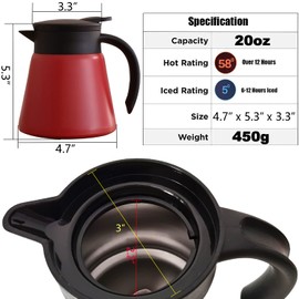 Goeielewe Thermal Coffee Carafe Tea Pot 20 Oz Stainless Steel Insulation Pot Double Wall Vacuum Insulated Coffee Water & Beverage Dispenser (Red)