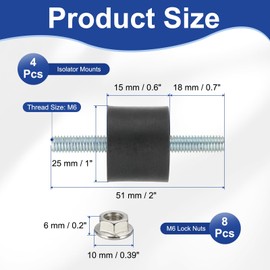 PATIKIL M6 25x15mm Rubber Isolator Mounts, 4 Pcs Rubber Studs Shock Absorber Anti-Vibration Isolation Damping Mounts with Lock Nuts for Motor, Air Compressor, Engines (51mm Height)