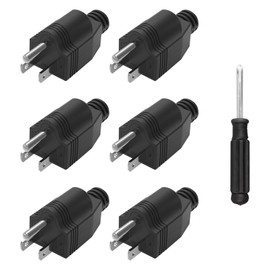 3 Prong Replacement Plug, 6 Pack Extension Cord Ends, Replacement Plugs 3 Prong with 1 Screwdriver, Neutral Ground Bonding Plugs, 3 Wire MalePlug, Power Plug Replacements, Black