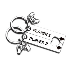 Gamer Couples Keyrings, Player1 Player2 Game Key Fob Partner Keyring for Him Her Boyfriend Girlfriend Gift for Valentine's Day Christmas Birthday Anniversary Pack of 2, silver