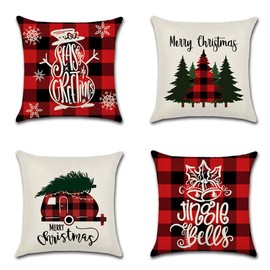 JOTOM Weihnachten Kissenbezug wasserdichte Kissenhülle 45x45cm 4er Set Sofakissen Dekokissen Bezug für Sofa Zimmer Outdoor Balkon Terrasse Patio Garten Outdoor (Weihnachten Rot und Schwarz Kariert)