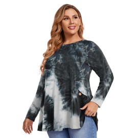 MONNURO Womens Plus Size Tops Tie Dye Long Sleeve Shirts Crewneck Casual Loose Tunic Fall Blouse with Pockets E-black
