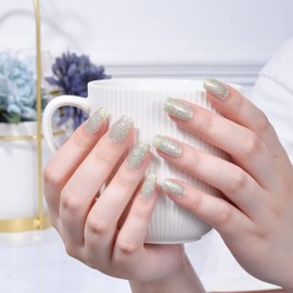 LIFOOST Glitter Gel Nail Strips Green Sequins Fully Cured Nail Polish Stickers Long Lasting Gel Nail Wraps Free Nail Lamp Light Chip Resistant