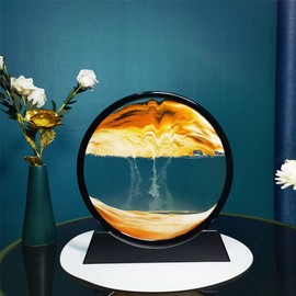 WANLIAN Moving Sand Art Picture Decor, 3D Deep Sea Sandscape Liquid Motion, Round Glass Frame Display Flowing Sand,Relaxing Home and Office Decorations (7" Yellow)