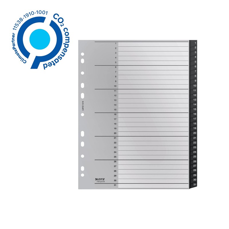 Leitz Register mit 31 Taben, 1-31, Extrabreit, Umweltfreundlich, CO2-kompensiert, Recycle-Serie,