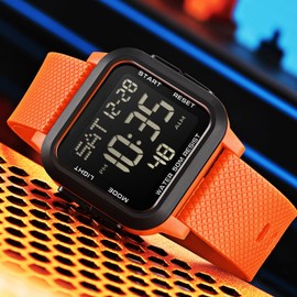 findtime Digital Watch Men's Large Numbers Watch Men Women Digital LED Sports Watch Square 5ATM Waterproof 12/24H Two Time Zones Outdoor Countdown Watch Sports Wristwatches Boys Military Watch