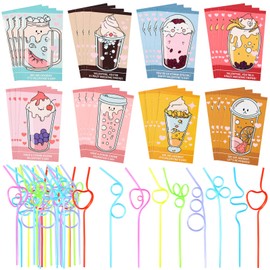 AOJOYS Valentines Day Cards for Kids 32 Pack - 32 Colorful Valentine Gift Cards + 32 Lovely Loops Reusable Drinking Straws for Classroom Exchange Prizes, Valentine Party Favors