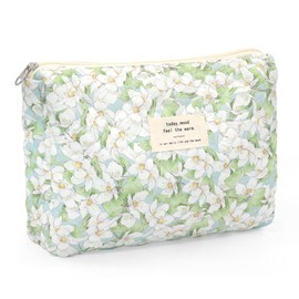 Floral Makeup Bag, Cute Travel Toiletry Bag, Green Quilted Cosmetic Pouch Bag Makeup Organizer Wash Bag for Women Girls Ladies
