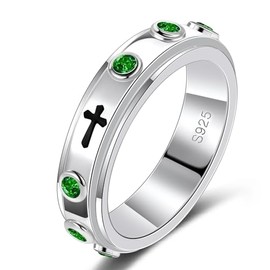 LYTTMAB 6MM Sterling S925 Silver Rosary Spinner Ring For Men, Green Zircon Finger Decade Rosary Ring For Women, Catholic Anxiety Fidget Ring Size 10