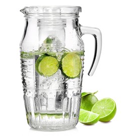 Bormioli 'Romantica' glass carafe with ice compartment, carafe filling capacity of 1.8 litres, keeps drinks cool without becoming watered down, glass embossing in a beautiful vintage design