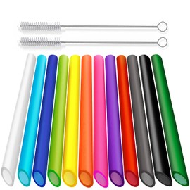 ALINK 12 PCS Reusable Boba Straws, 13 mm x 10.5 inch Long Wide Colored Plastic Smoothie Straws for Bubble Tea, Tapioca Pearls with 2 Cleaning Brush - Pointed Design