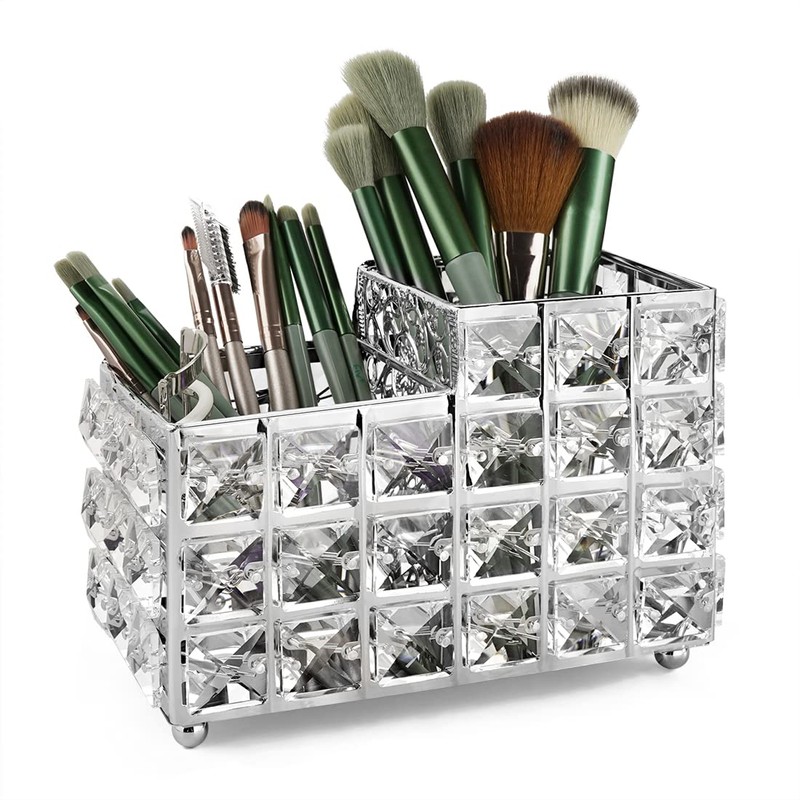Crystal Makeup Brush Holder, One-Piece Square Brush Organizer, Cosmetics Brush