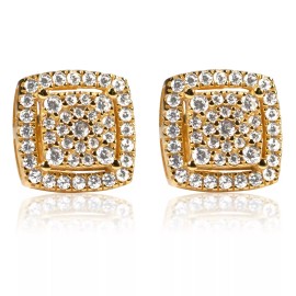 Sterling Yellow Gold 925 Sterling Silver Hip Hop 3D Square Cube Cluster Stud Earrings