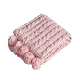 Chenille Chunky Knitted Throw Blanket with 14 pcs Pom Poms Tassel Super Soft Cozy Warm Blanket for Sofa Bed Soft Couch 50 x60 inches (Pink)?-¡­