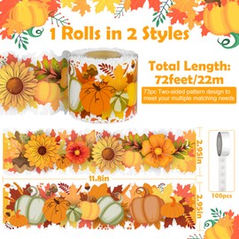 JYNTERPLAY 72ft Fall Bulletin Board Border Pumpkin Maple Leaves Orange Two-Sided Printed Trim Die-Cut Rolled Autumn Thanksgiving Harvest Decorations for Classroom Party School Offices Home Wall