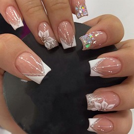 IMRAIN Press-on Nails: White French Tips, Glossy False Nails, Bling Glitter, Full Cover Flower Design, Gel Glue on, Acrylic Nails for Women & Girls