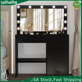Yamissi LED Lights Vanity Dressing Table Makeup Desk w/ Large Hollywood Mirror 5 Drawers
