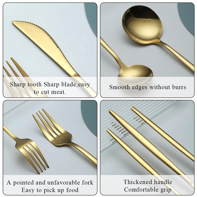 Evanda Gold Silverware Set 60 Piece Service for 12, Titanium