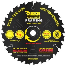 1 x SCCSN16184_24 SabreCut 184mm 24T x 16mm Bore High Performance Ultra Thin Kerf Wood Plywood MDF Chipboard Framing Circular Saw Blade
