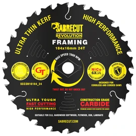 1 x SCCSN16184_24 SabreCut 184mm 24T x 16mm Bore High Performance Ultra Thin Kerf Wood Plywood MDF Chipboard Framing Circular Saw Blade