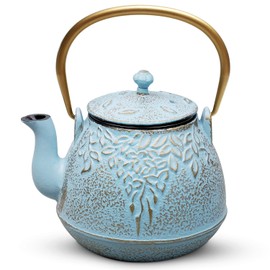TOPTIER Japanese Cast Iron Tea Kettle with Stainless Steel Infuser, Cast Iron Teapot Stovetop Safe, Leaf Design Teapot Coated with Enameled Interior, 32 Ounce (950 ml), Turquoise Blue