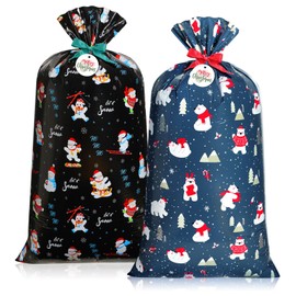 Pickmesh 2 Pcs 70" x 40" Extra Large Christmas Gift Bag Xmas Jumbo Presents Bags Giant Gift Wrapping Bags with Tags and Tie for Xmas Holiday Party Gifts (Navy Blue,Gray Blue,Snowman, Polar Bear)